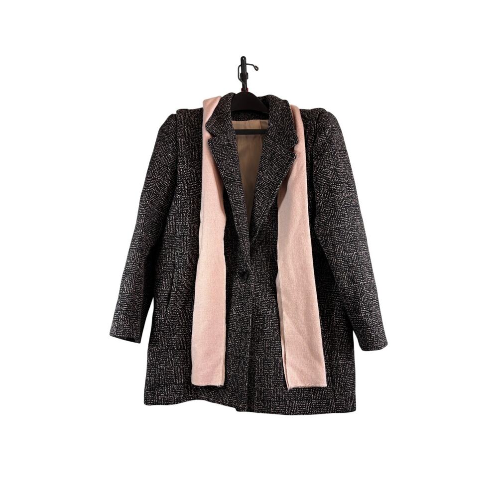 Vintage Wool-Blend Black‎ & Pink Tweed Coat With Scarf Women's Size 11